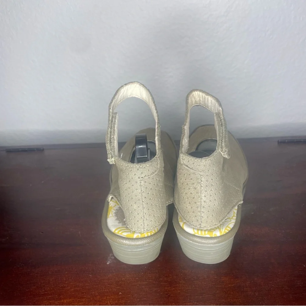 Fly London Beige Perforated Ankle-Strap Wedge Sandals